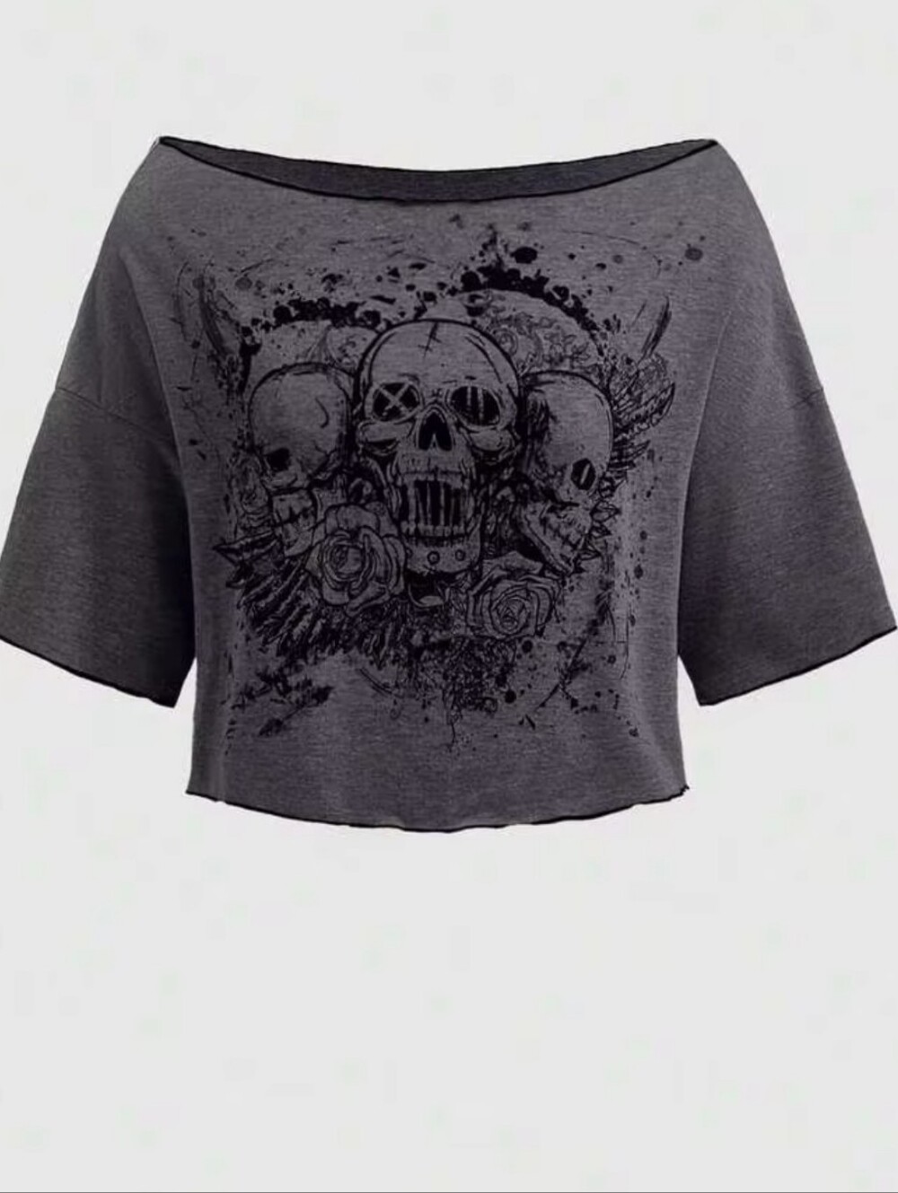 Gray Skull Graphic Off-Shoulder Crop Top